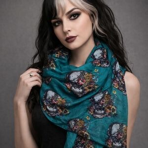 Lisskiss Scarf Large Size Skulls With Flowers Goth Playful Teal Blue Multi Color